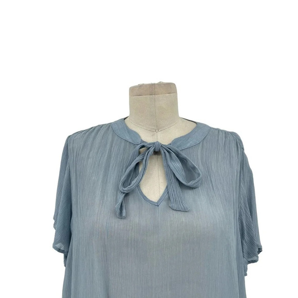 Amour Vert Blouse Top Shirt Tie Neck Short Sleeve Cupro Light Blue Size Small - Picture 2 of 7